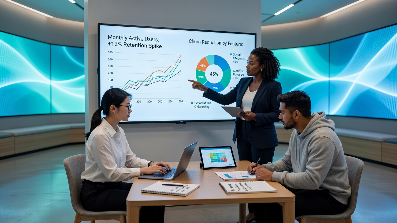 Dashboard view of user retention metrics in a digital lounge with charts displaying engagement trends and theme popularity data
