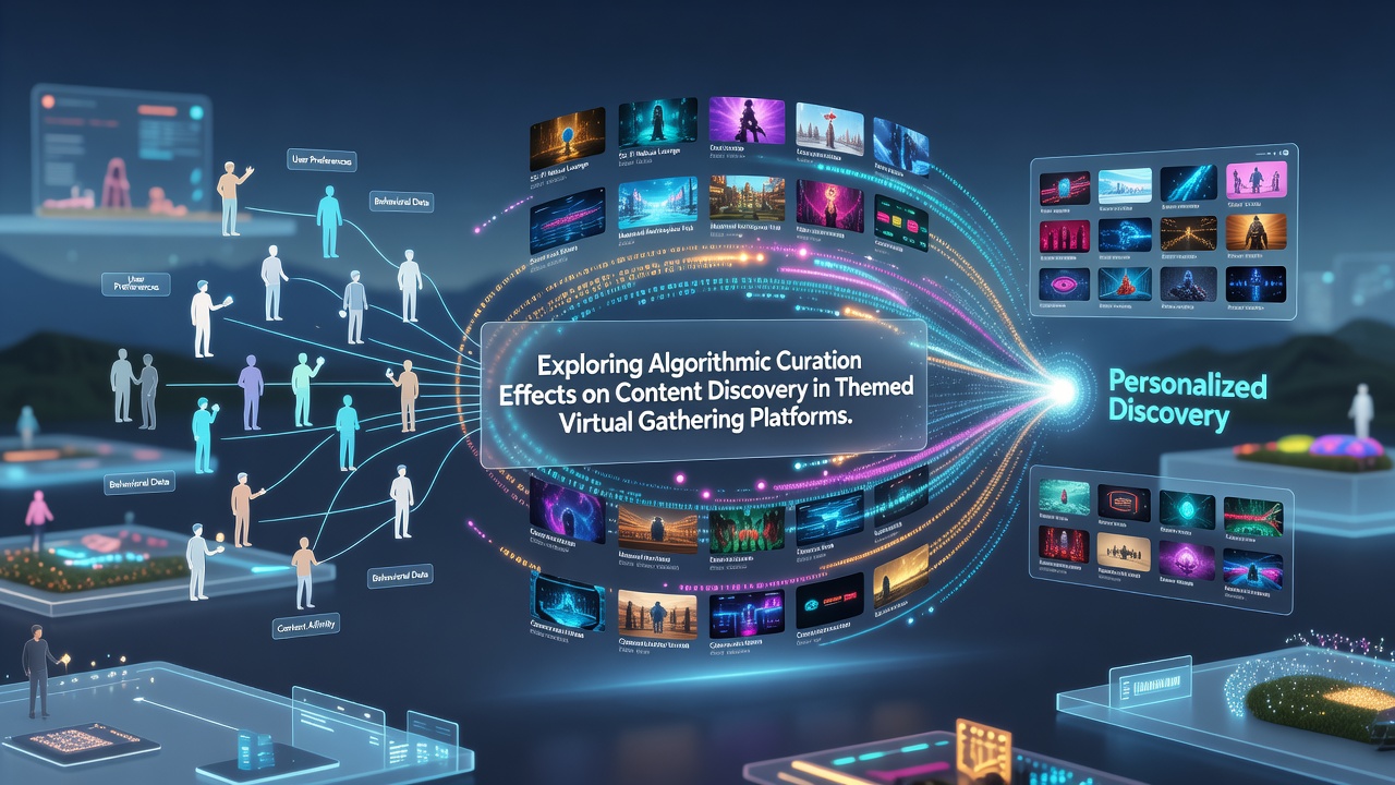 Exploring Algorithmic Curation Effects on Content Discovery in Themed Virtual Gathering Platforms
