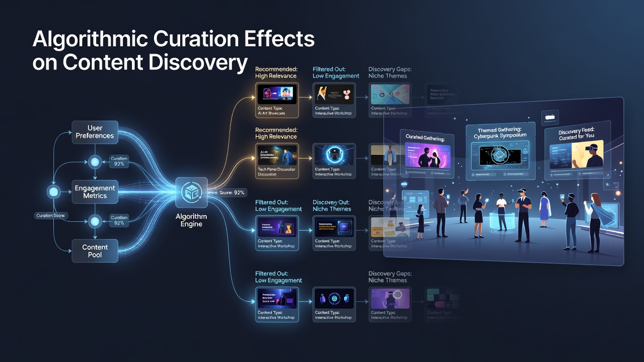 Visualization of content discovery flows and algorithmic pathways in virtual themed spaces