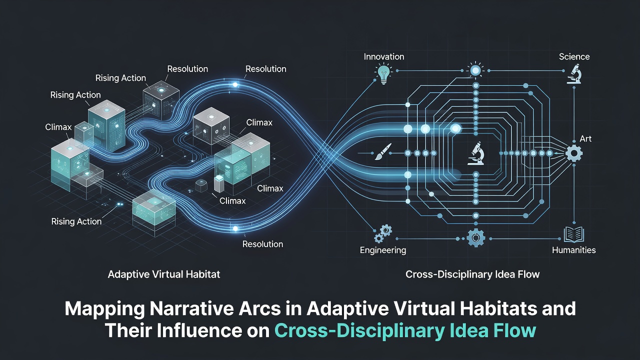 Detailed view of cross-disciplinary idea connections flowing through narrative arcs in an adaptive virtual environment